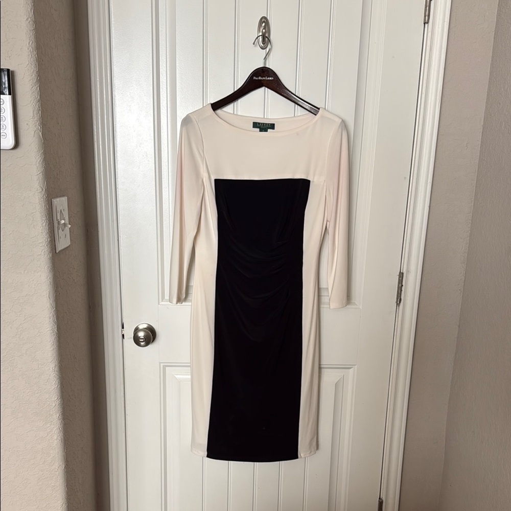 Lauren Ralph Lauren Black and Cream Sheath Dress with Long Sleeves